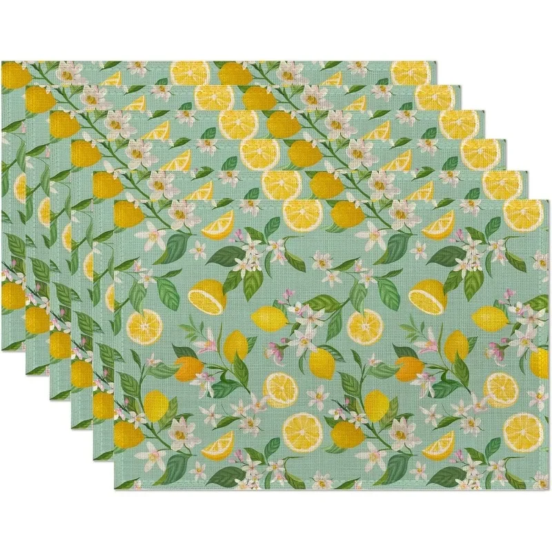 Lemon Pattern Tropical Fruit Leaf Floral Printed Linen Placemats for Kitchen Dining Picnic Party Decoration