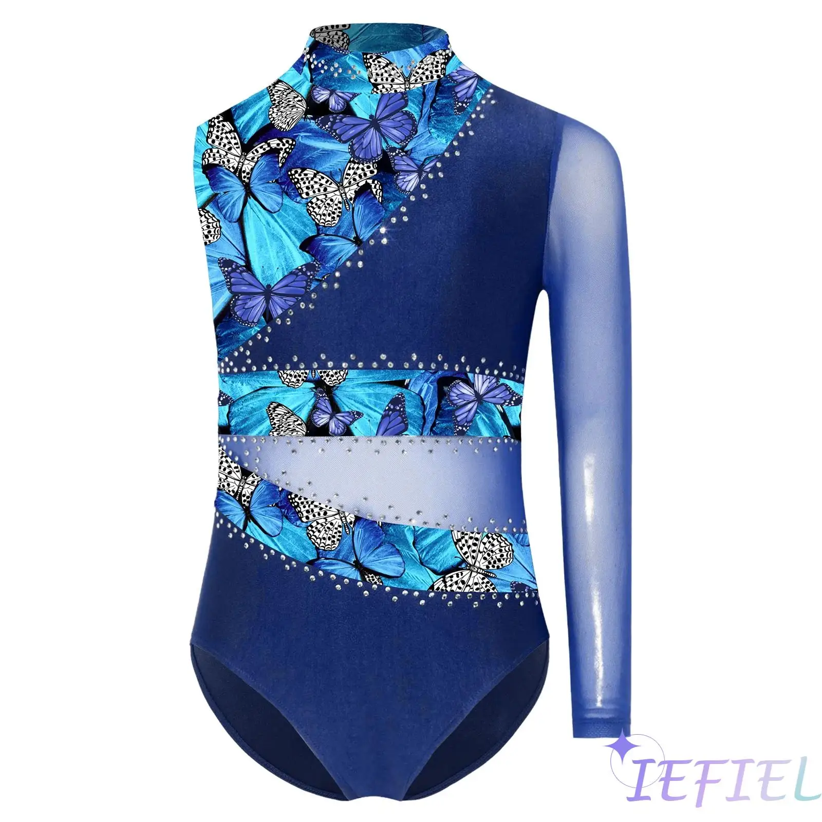 

Kids Girls Gymnastic Ballet Dance Leotard Outfit Sparkly Rhinestones Patchwork Asymmetric Sleeve Design Bodysuit Latin Dancewear