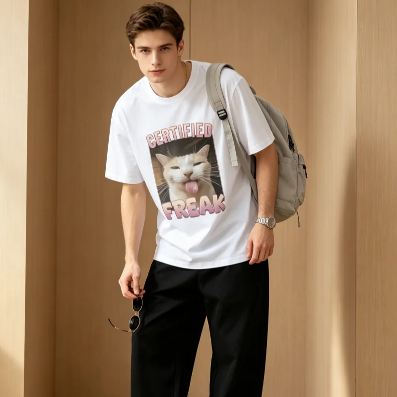 ZAZOMDE Internet Meme Printed T-Shirt Certified Freak Tongue Out Cat Graphic Casual Cotton Short Sleeve Unisex Daily Tops