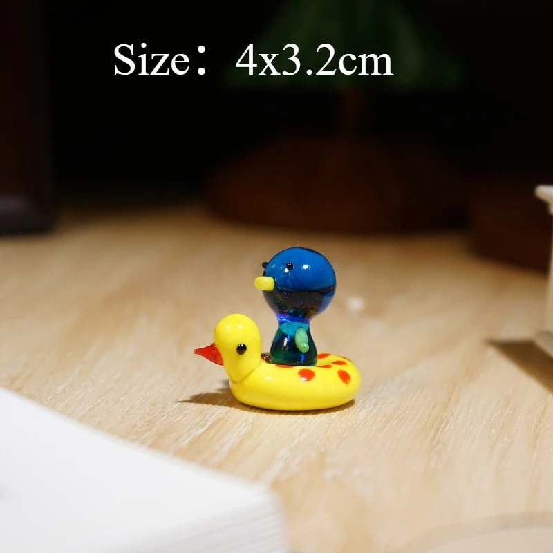 Handmade Colored Glaze Glass Little Duck With Swim Ring Figurines Lovely Cartoon Ornament Unique Office Computer Desk Decoration