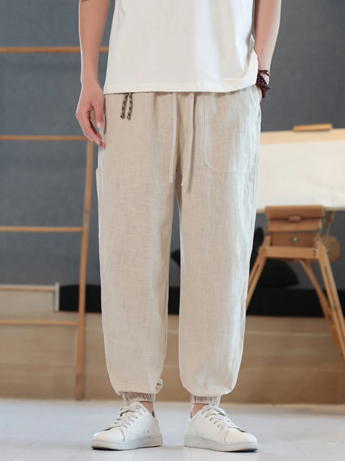 

Loose Fit Linen Cotton Summer Thin Wide Leg Pants Vintage Sle Dstring Trousers Breathable Casual Men's Long Trousers