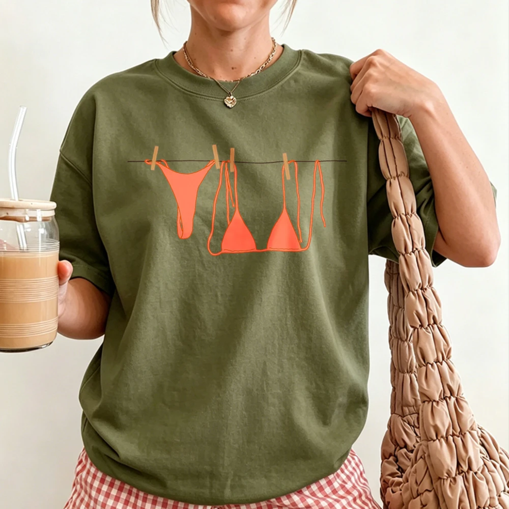 Funny Bikini Thong Hanging on Clothesline Minimal Line Art Print Women Cotton T Shirt Humorous Summer Beach Vibe Casual Tops Tee