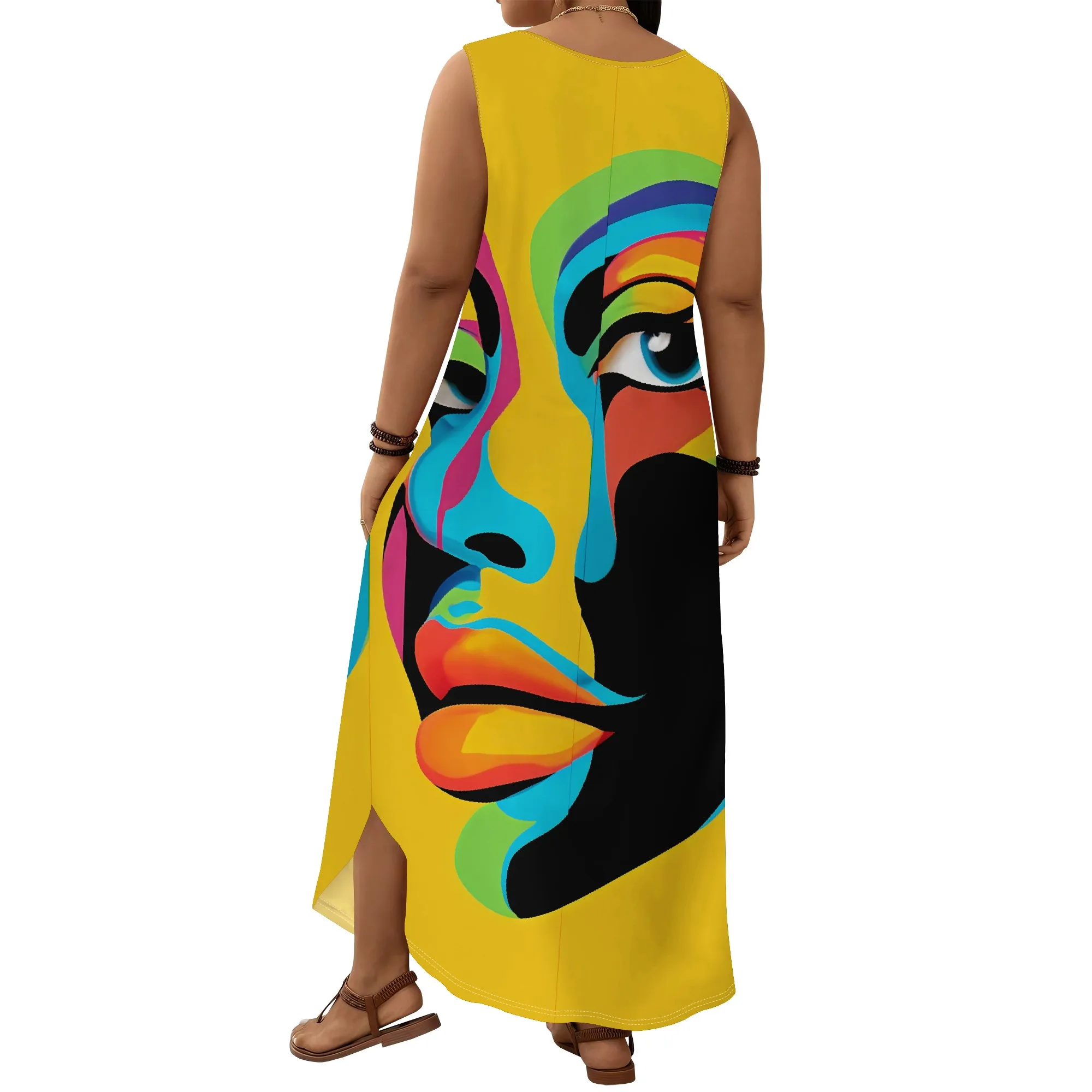 Bold Yellow Abstract Face Print Maxi Dress S-3XL Sleeveless Afro Art Festival or Cultural Parade Look for Women