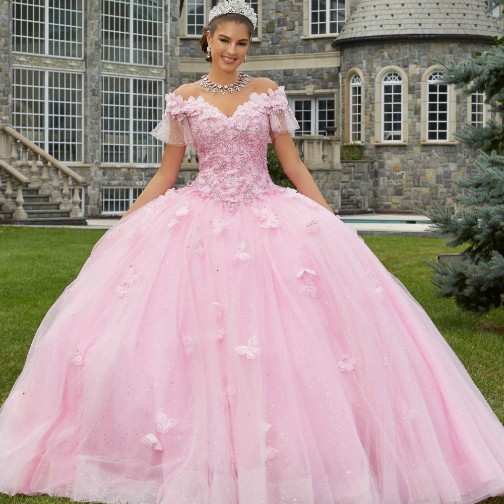 EVLAST-Vestido Princess Quinceanera, Apliques de tule, Renda, 3D Butterflies, frisado, Sweet 16, TQD109, 2023, Champanhe