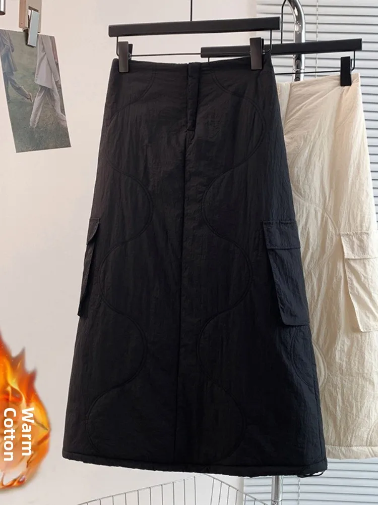 Thickened Cotton Warm Long Half-length Skirt Women's High Waist Straight Cut Winter Fashion Casual Style No  Korean Style