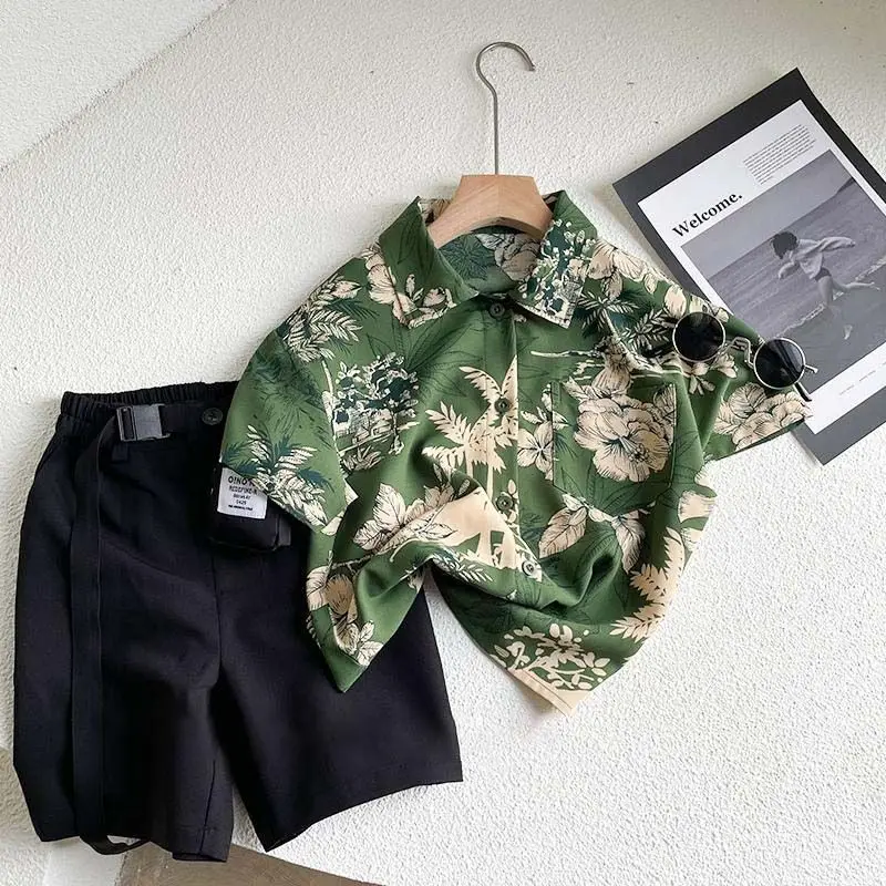 Children's Versatile Floral Shirt Summer 2025 New Cool Baby Explosive Street Beach Style Short Sleeved Shirt Trend