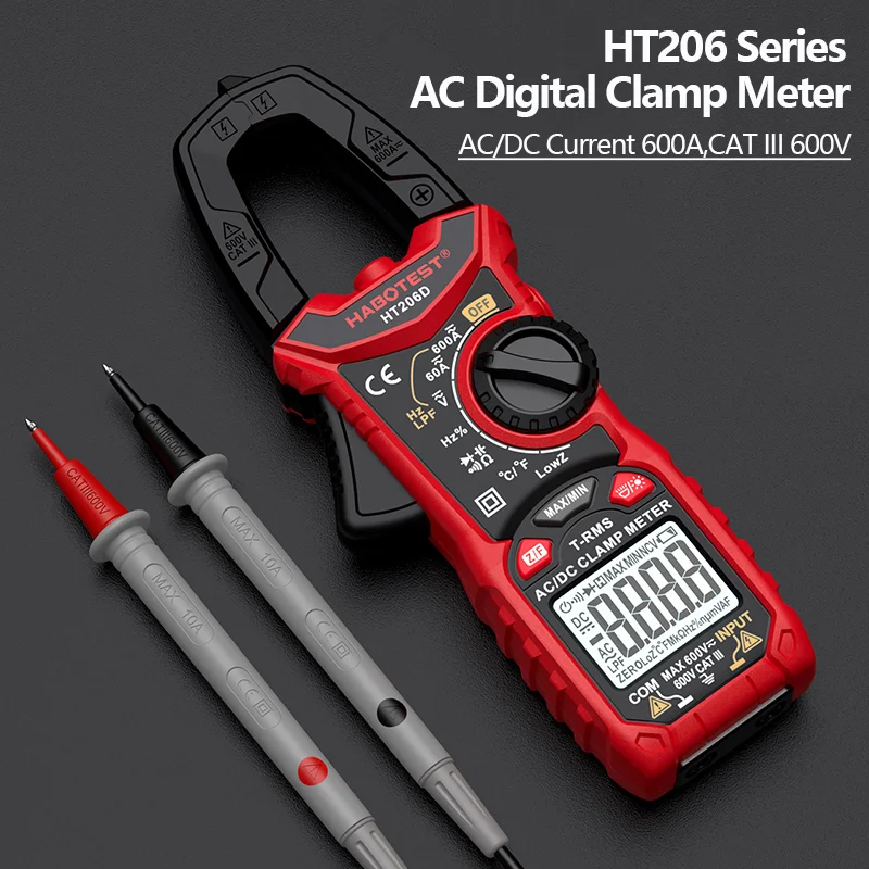 Digital Clamp Meter HT206A HT206B HT206D 600A AC DC Current Two-color Backlight Hz Capacitance NCV Ohm Test Voltmeter Ammeter