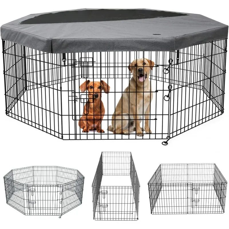 

Foldable Metal Dog Exercise Pen/Pet Puppy Playpen Kennels Yard Fence 8 Panel 24" W x 36" H with Top Cover (8 Panels 36" H)