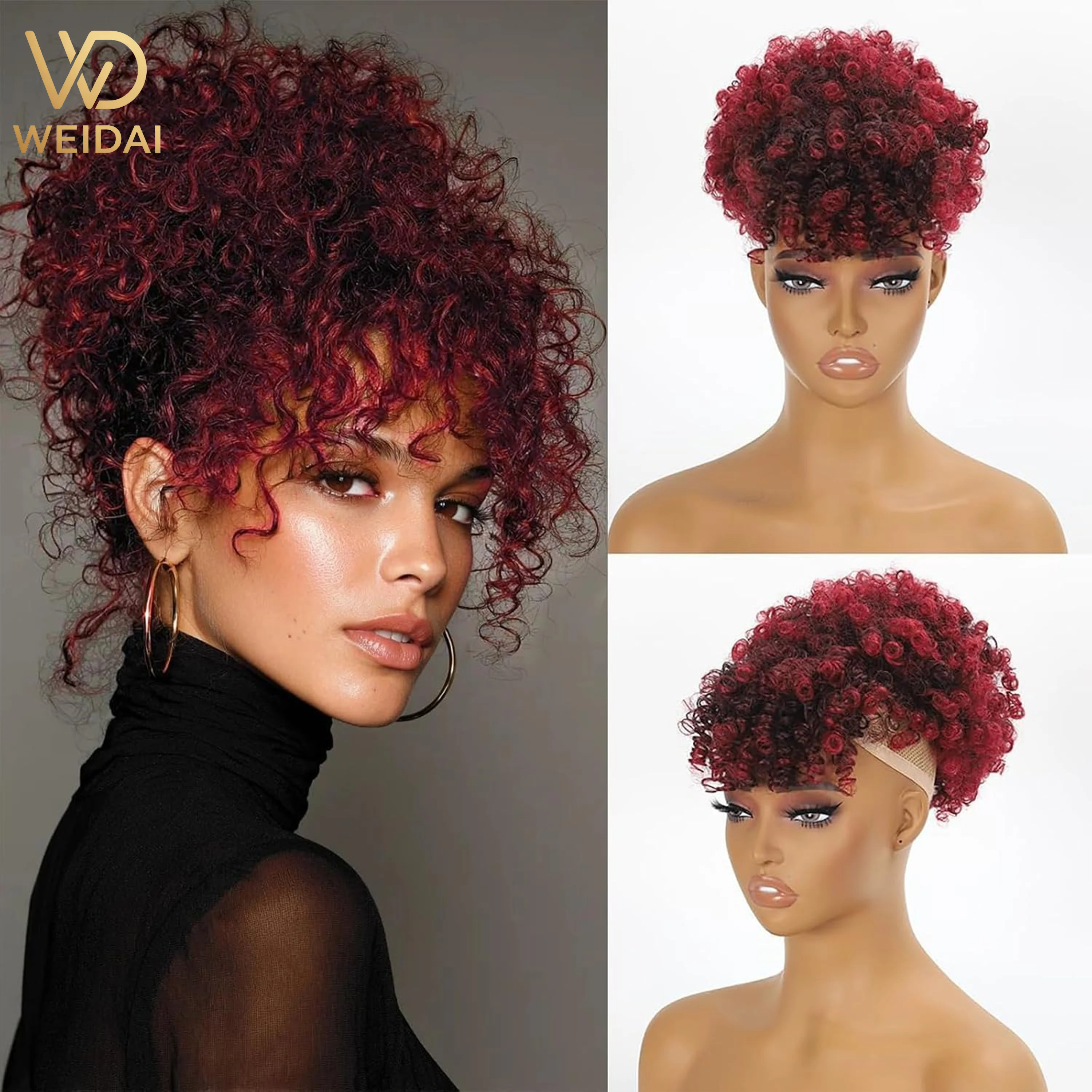 Drawstring Afro Curly Puff Ponytail - Flauschiger, kraushaariger Afro-Puff-Haarknoten mit Ponyfransen, synthetisches