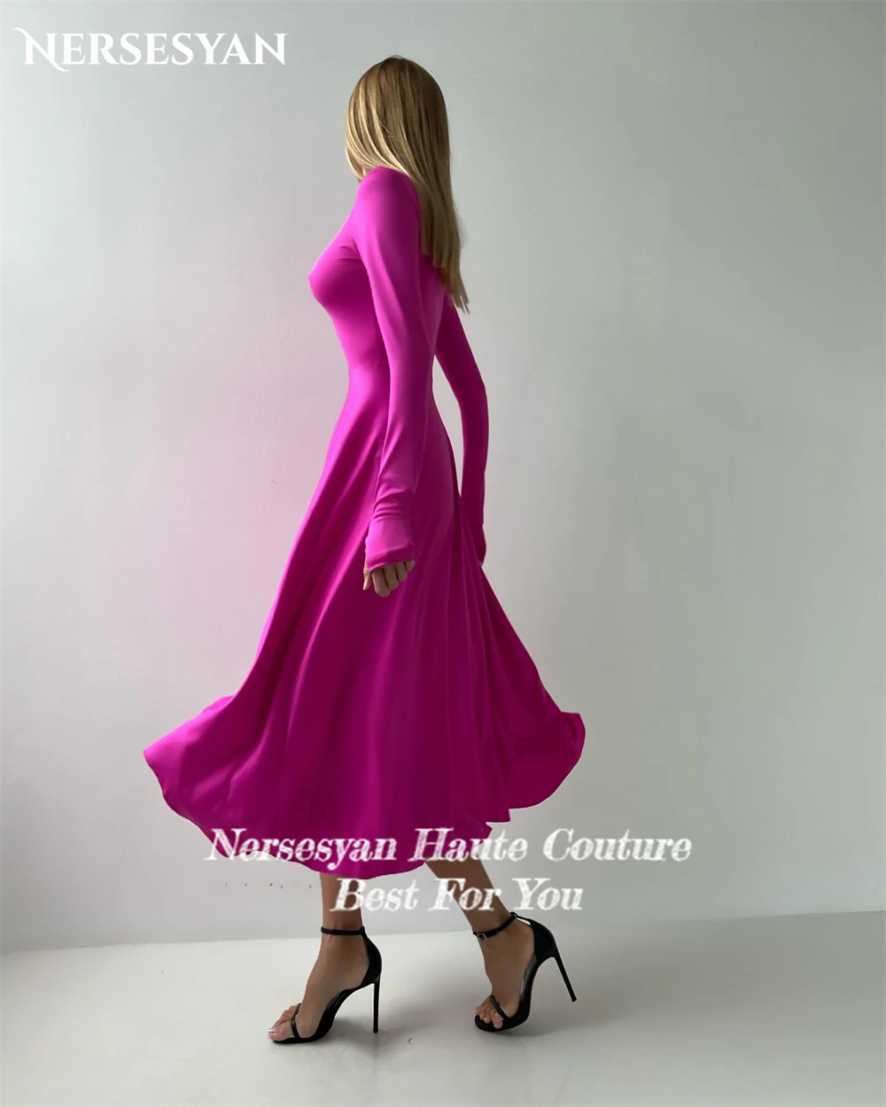 Nersesyan Fuchsia Elegant Party Gowns For Evening Elastic Tea Length robe de soirée femme Prom Dress Occasional Celebrity 2024