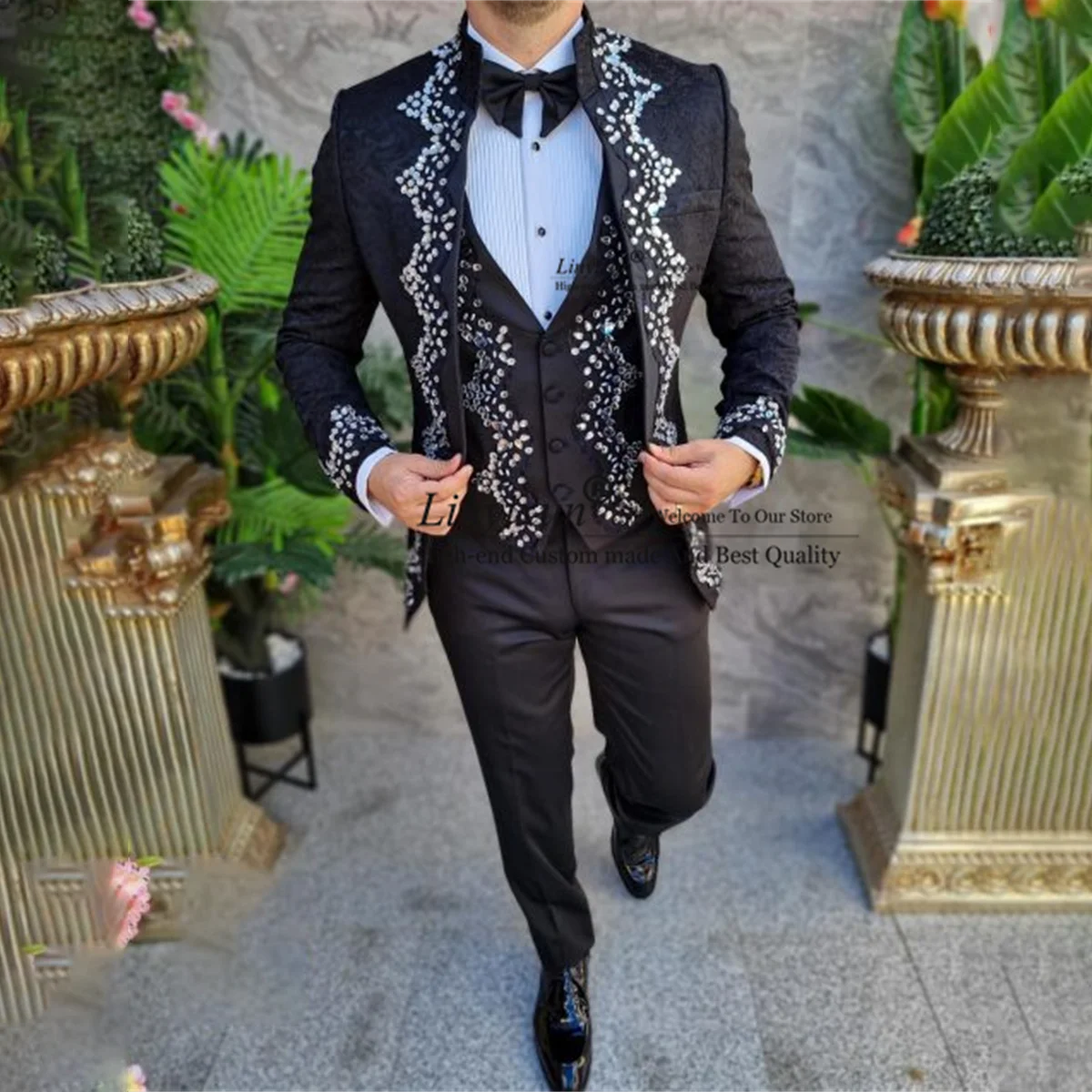 Elegance Shiny Beaded Men Suits Stand Collar Groom Tuxedos Sets Wedding Prom Blazers Pants Outfit Terno Masculinos Completo