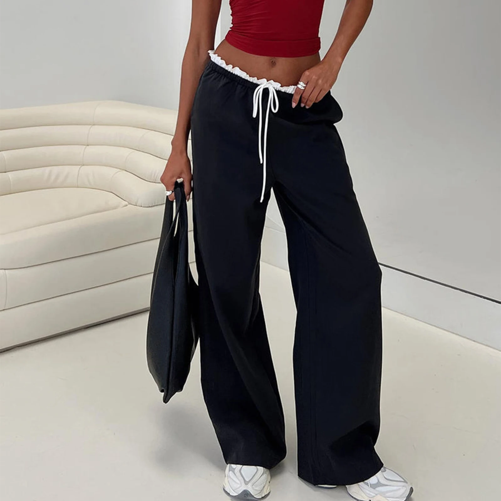 Women Straight Wide Leg Pants Elastic Low Waist Frill Trim Pants Lounge Trousers with Pockets