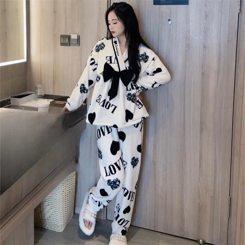 New Pullover Large Size Flannel Home Wear Pajamas  Women Autumn and Winter Coral Velvet Plus Velvet Thickened Warm Sleepwear