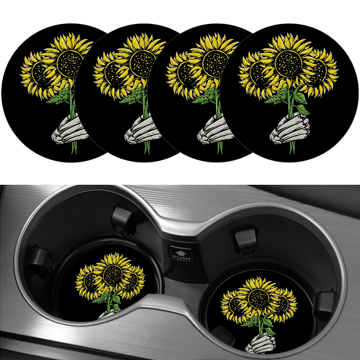 4pcs Human Skeleton Finger Holding Sunflower Car Cup Mat, PU Leather 2.755in Car Water Cup Mat - Beverage Cup Mat