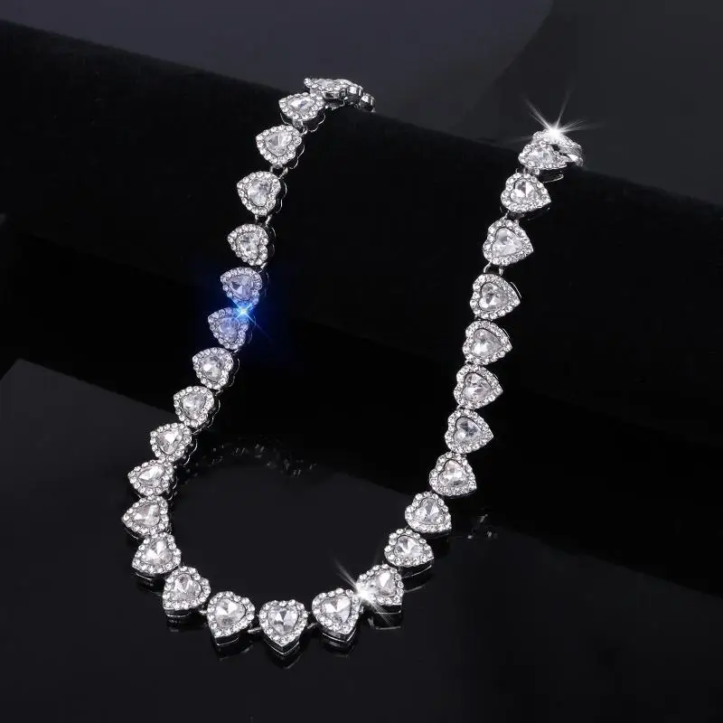 Nuevo Collar y Pulsera de Cadena de Tenis Hip Hop de 45 CM con Corazón Brillante de Diamantes de Imitación CZ, Joyería de Moda para Fiesta y Rock