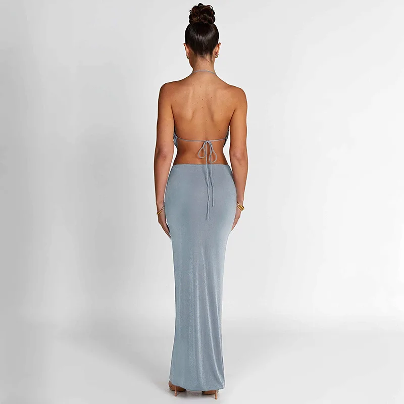 Spring Summer 2024 Women Sexy Club Party Outfits Sleeveless Backless Crop Top Camis +Maxi Bodycon Skirt Two Piece Matching Sets