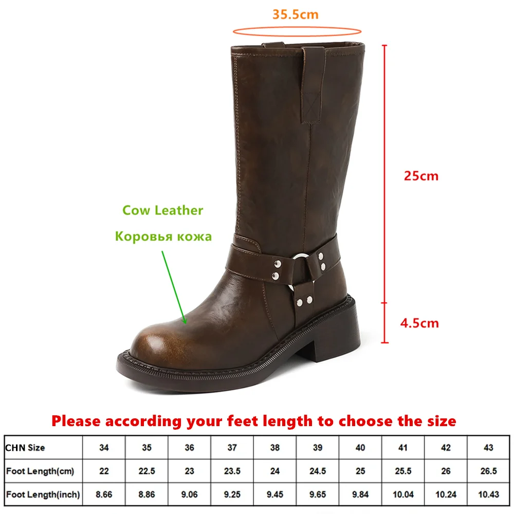 MILI-MIYA Ladies' Vintage-Style Distressed Cow Leather Mid-Calf Boots Round Toe Chunky Heel Pull-On Casual Boots Big Size 34-40