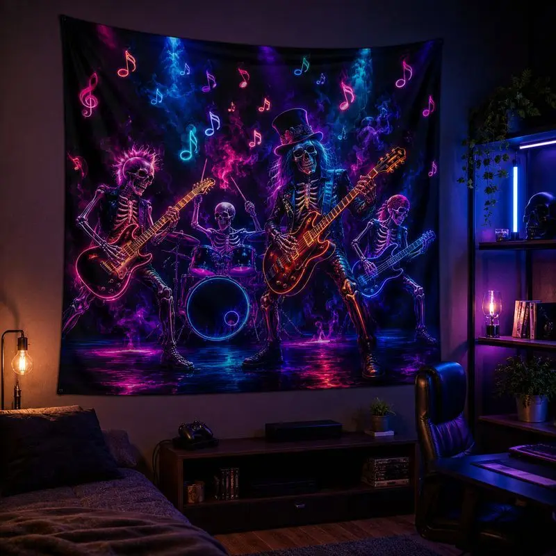 VIKAMA Skeleton Guitar Blacklight Tapestry, Neon Bohemian Wall Hanging Decor for Bedroom Living Room, Psychedelic Galaxy Home