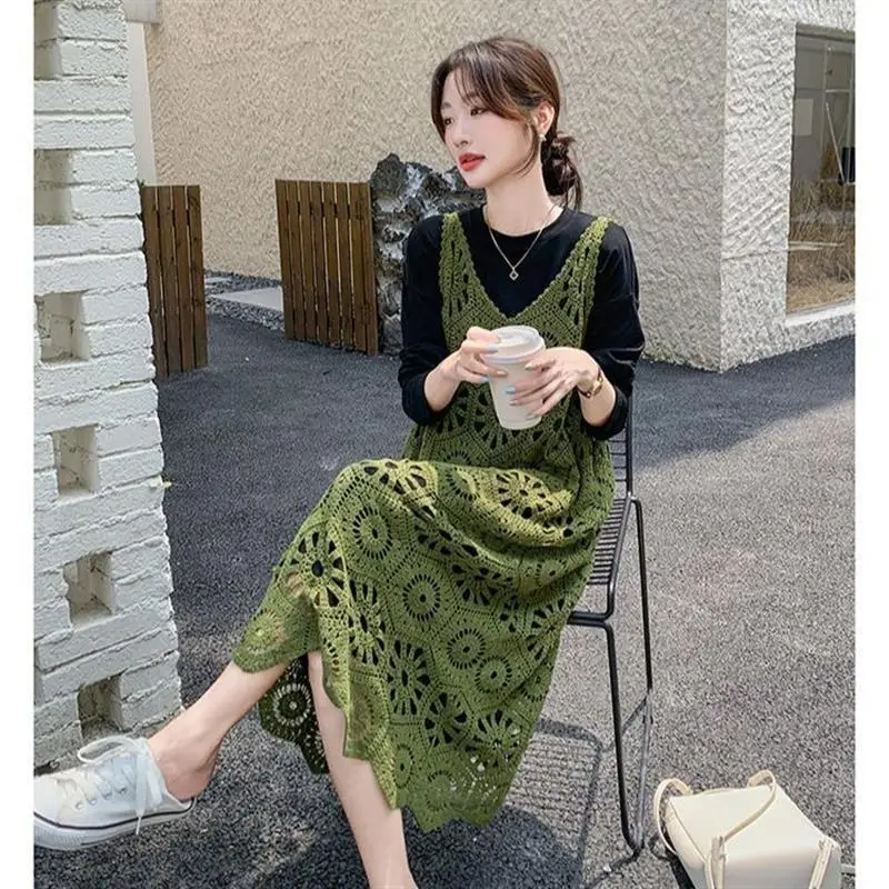 

Spring 2025 New Loose Korean Sle Lace Cover up Dr Women's Long Dr Two Piece Set Base Layer Overlap Wear Faionable