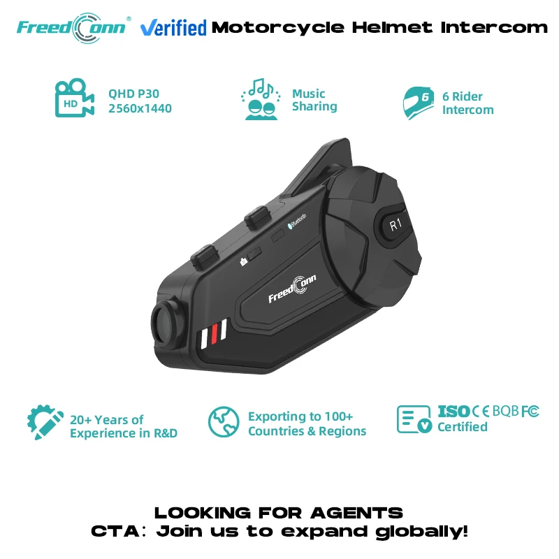 R1 PLUS Motorcycle Helmet Recorder Headset 6-rider 1000M  Group Intercom with Soft and Hard Mic Headphone