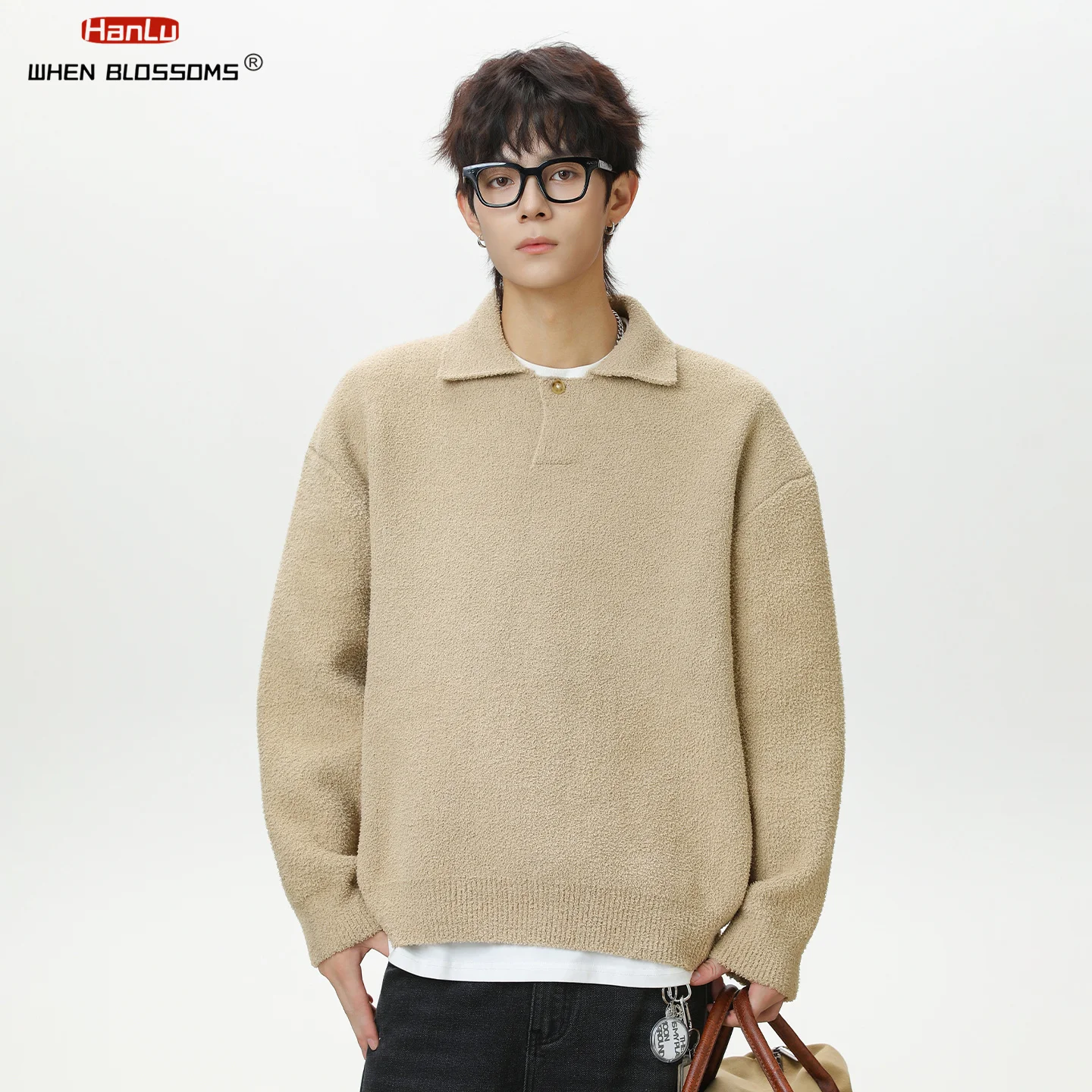 Hanlu 2025 Men's Vintage Half-Pile Sweater Seagull Collar Heavyweight Warm Knitwear Retro Business Casual Pullover