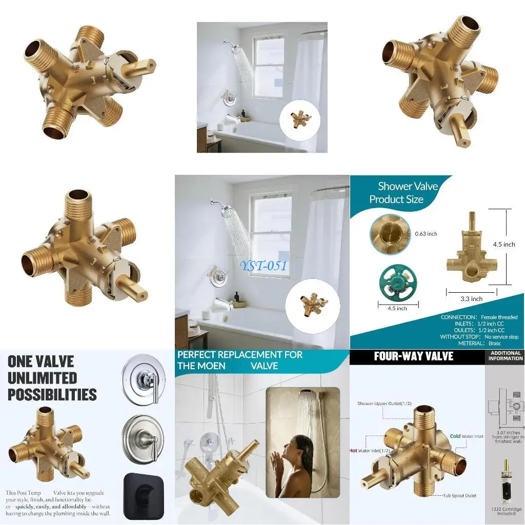 

E15A Brass 4 Port Shower Adapter Body with 0.5 Inch NPT Threads & Pressure Balanced Cartridges Suitable for Posi Temp