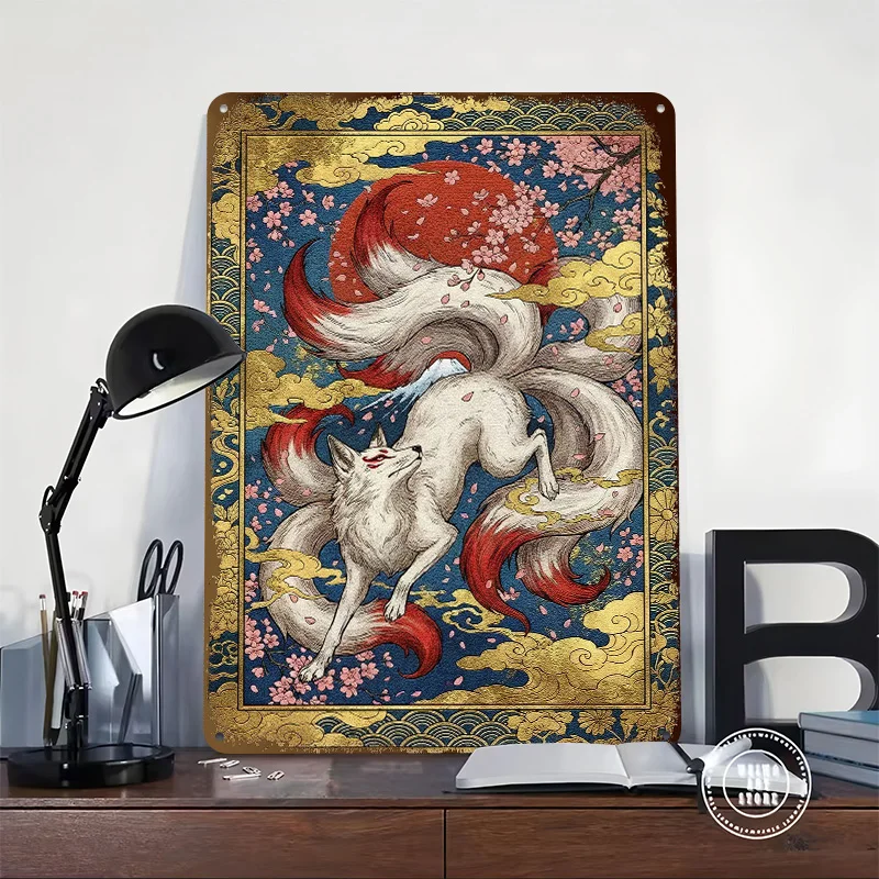 Nine-tailed Fox With Cherry Blossoms Personalized 3D Textured Metal Poster Wall Art Vintage Tin Signs for Gaming Room Decoration