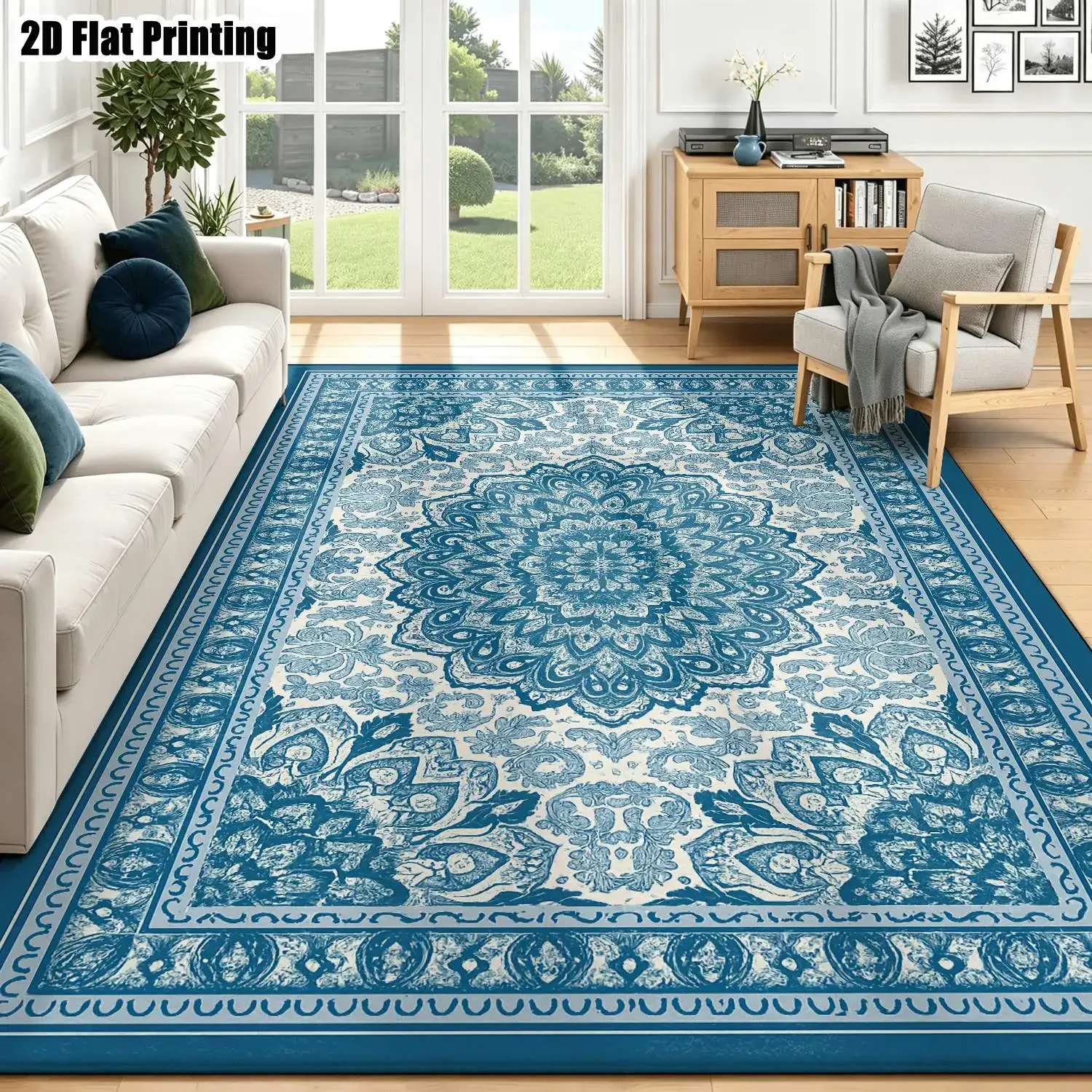 1Pc 2D Printed Blue-White Mandala Flower Carpet European Vintage Geometric Bohemian Style Home Decor Rug, Multi-Size, Machine Wa