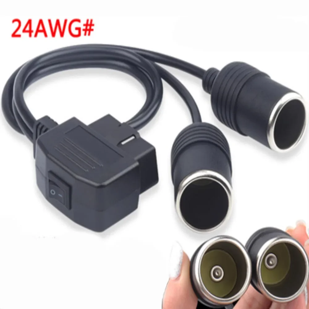 12V Switch OBDII OBD2 24AWG Power Supply Cable 16Pin Female to Car Cigarette Lighter DC Power Source OBD Male Connector Cable