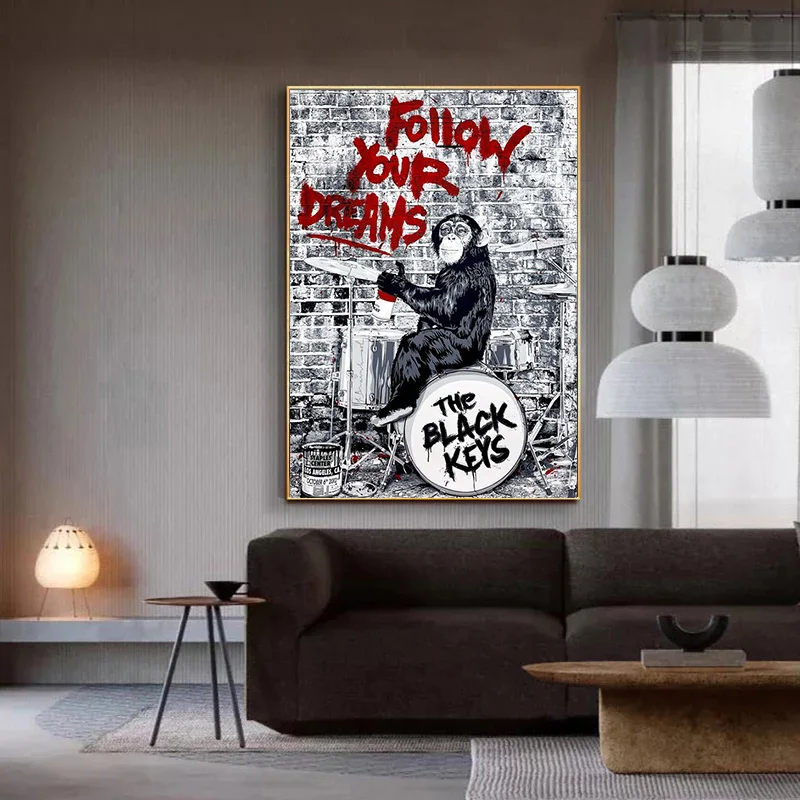 Banksy Graffiti Art Canvas Painting Follow Your Dreams Monkey Poster and Print Wall Art Pictures for Living Room Home Decoration