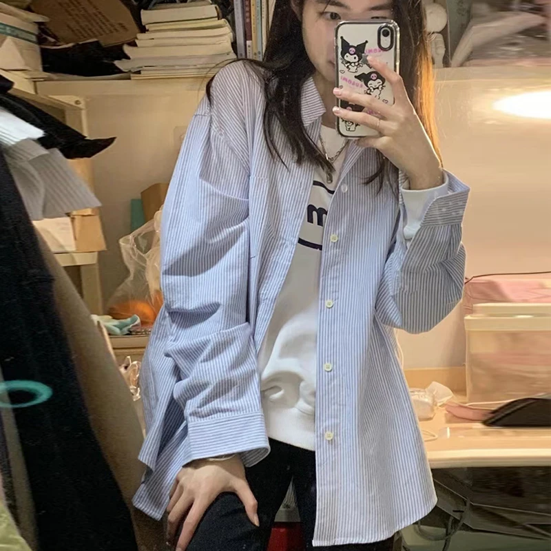 Korean Fashion Vintage Striped Shirts Women Harajuku Long Sleeves Top Aesthetic Clothes Korean Outfits Blouse Streetwear