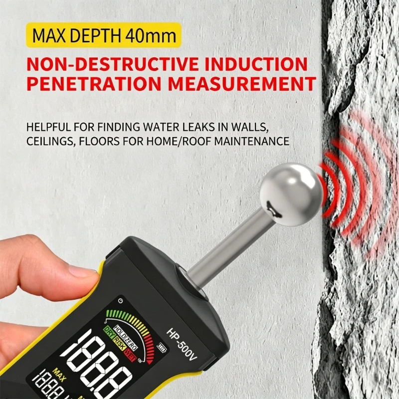 Pinless Moisture Meter with Rounded Head and Color Display for Leak Review, Handheld Power-Ready Meter for Home Moisture D2RD