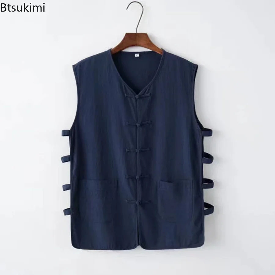 2024 Men\'s Casual Cotton Linen Vest Top Solid Retro Disc Buckle Sleeveless Trendy Vest for Men Oversized Summer Mandarin Jacket