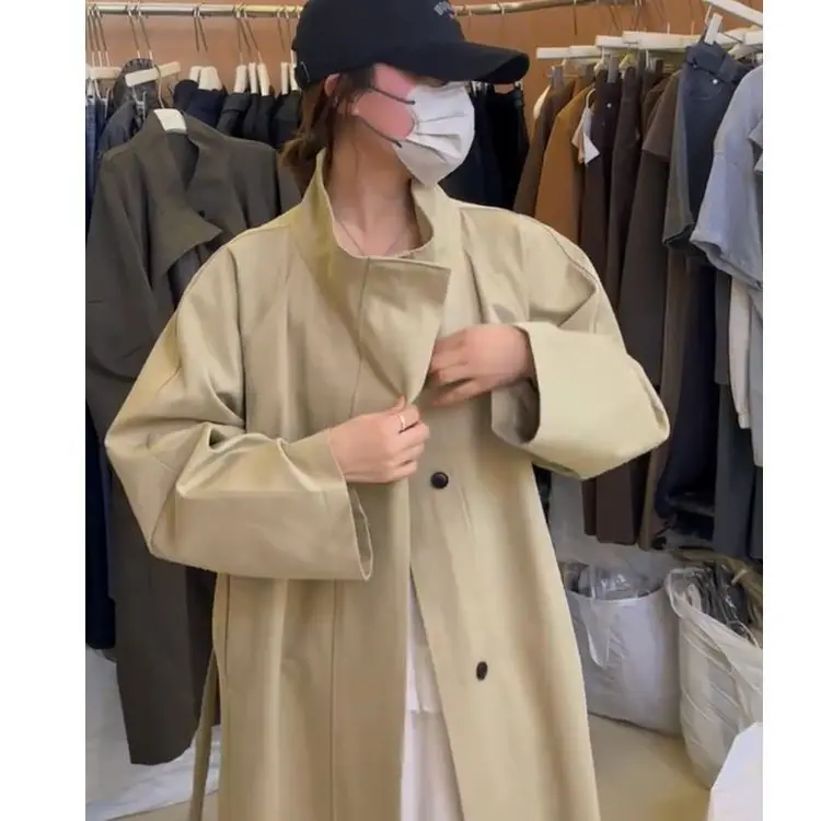 الربيع والخريف المرأة الجديدة سترة واقية معطف يندبروف الوقوف طوق فضفاض سترة واقية طويلة #3