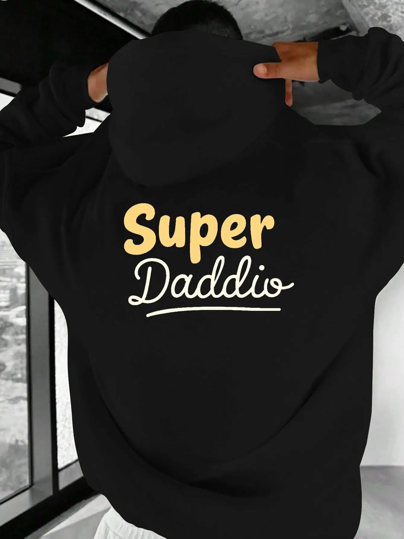 

Men's Super Daddio Pattern Hoodie - Bold Yellow Print Street-style Sweatshirt, Loose Pullover Hooded Sweatshirt