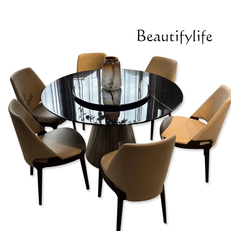 

Natural marble dining table round black and white root luxury stone round table minimalist dining table and chair combination