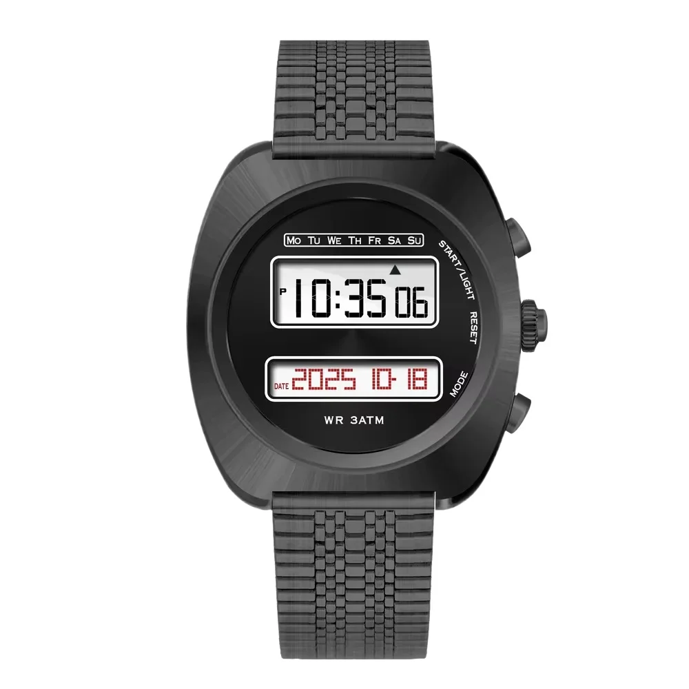 ساعة كلاسيكية بتصميم مستقبلية كرونود ريترو 1970s ساعة عرض إلكترونية مزدوجة LCD هيكل من الفولاذ المقاوم للصدأ