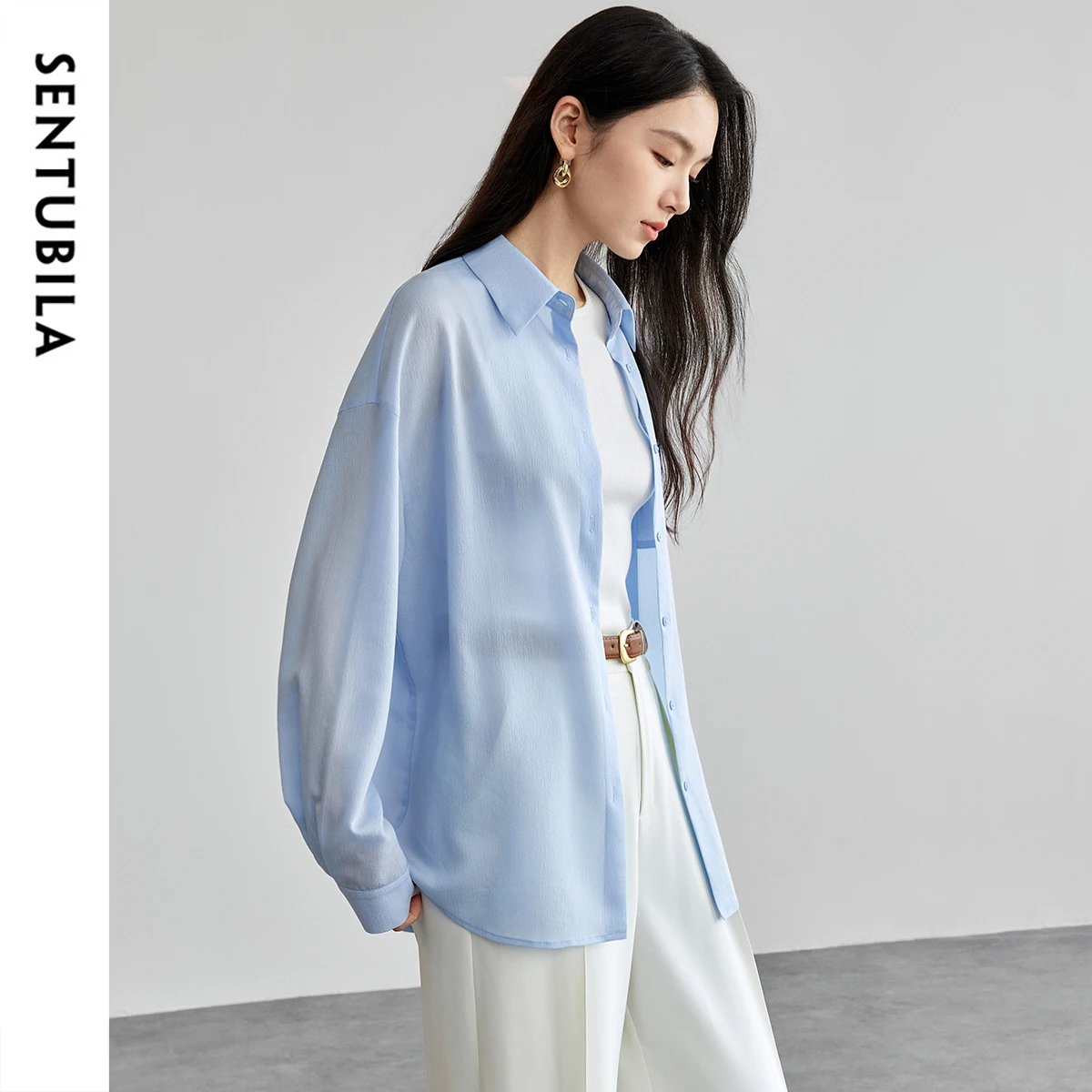 SENTUBILA Casual Women's Shirt Solid Loose Fit Fashion Turn Down Collar Single Breasted Folds Blouses 2025 Spring New 151C57686
