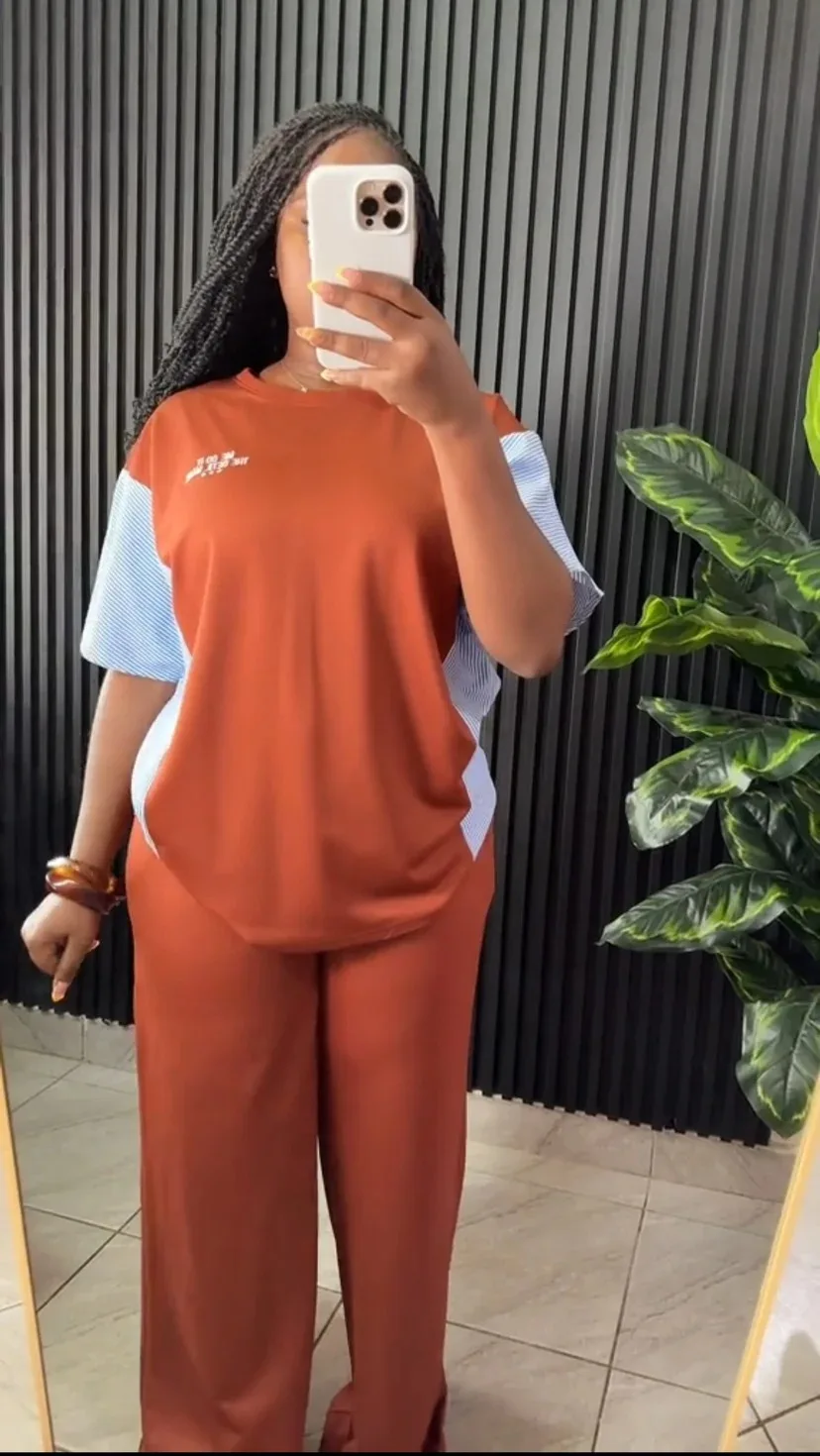 

2 Piece Women Set Dashiki African Clothes Spring Autumn New Fashion Short Sleeve Top And Pants Suit Party Matching Sets