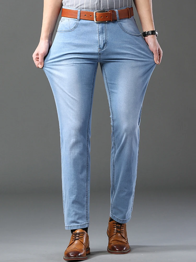 Men's Thin Jeans 2025 Summer New Style Business Casual Slim Fit Elastic Classic Style Trousers Sky Blue Pants Male size 28-40