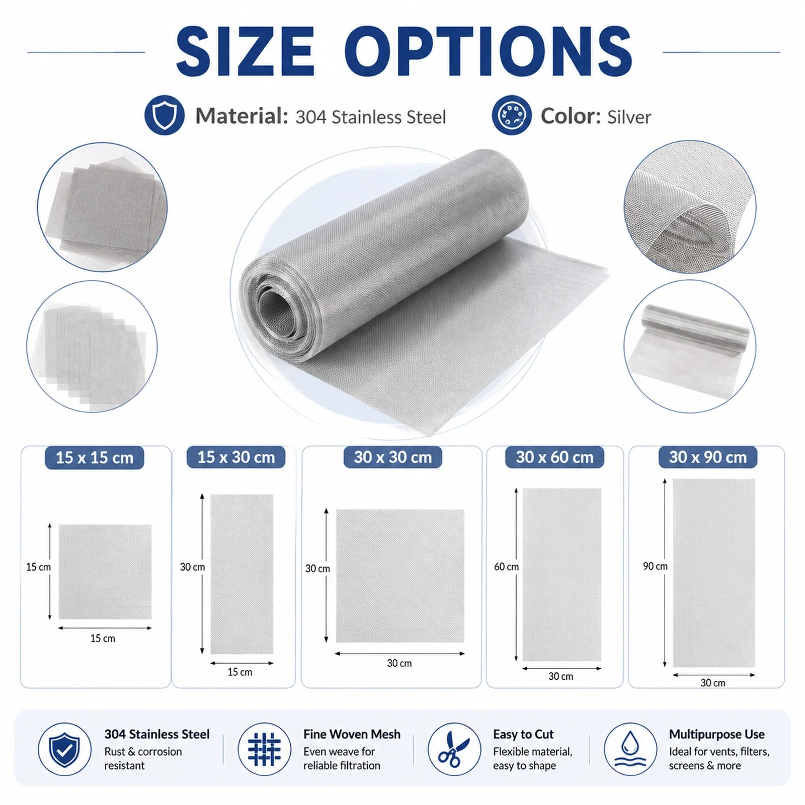 1-5pcs 4/20/30/100/120/200-500Mesh High Quality Stainles Steel Metal Mesh Woven Wire Screening Sheet Screening Filter Sheet
