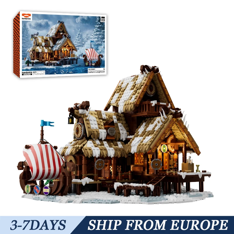 Kit di modellismo con blocchi da costruzione Icehorn Longhouse, 1694 pezzi, cabina medievale vichinga invernale con nave, MOC, giocattoli da costruzione per scenari urbani, decorazione per la casa,