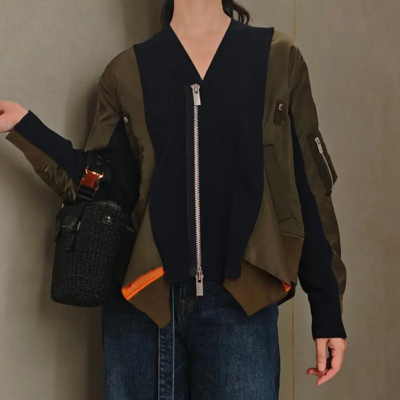SAC early autumn wool stitching contrasting color hooded loose casual sweater jacket