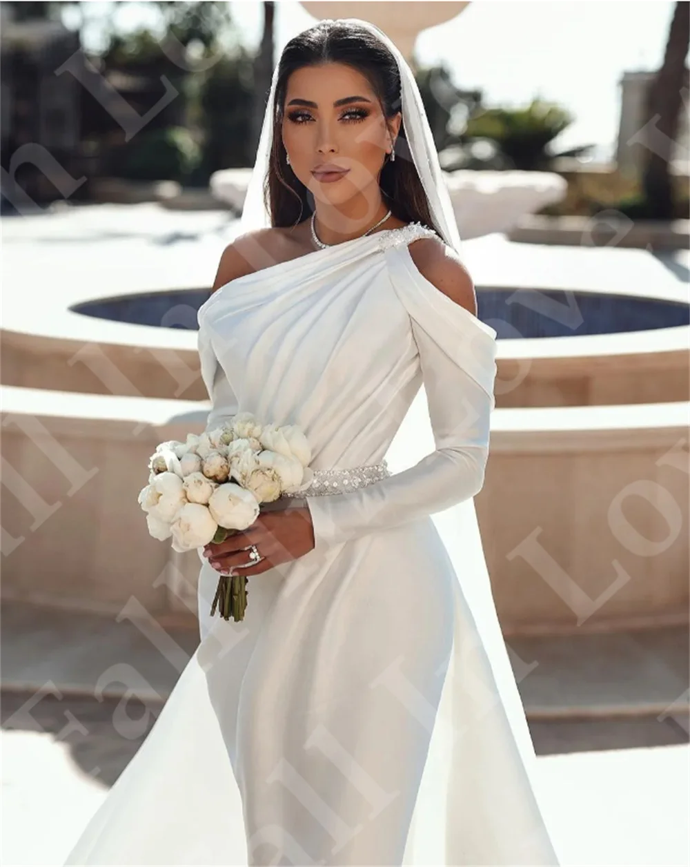 Vestido de novia con cinturón de lentejuelas brillantes, hombros descubiertos, mangas largas, satén, plisado de sirena, hasta el suelo, Elegantes Para Mujeres