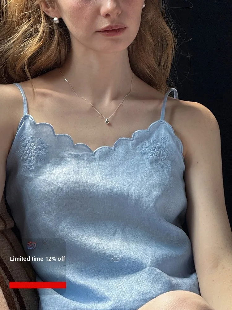 

High-End Pure Linen Blue Heavy Embroidery Petal Strap Women's Vest Top Nice People 2025SS Commute Sle Loose Fit