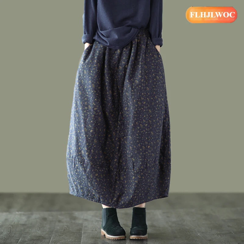 القطن الكتان التنانير شتاء دافئ المبيعات الساخنة 2026 السنة الجديدة امرأة اليابان الفتيات الرجعية خمر الأزهار طباعة جيوب تنورة طويلة سميكة #1