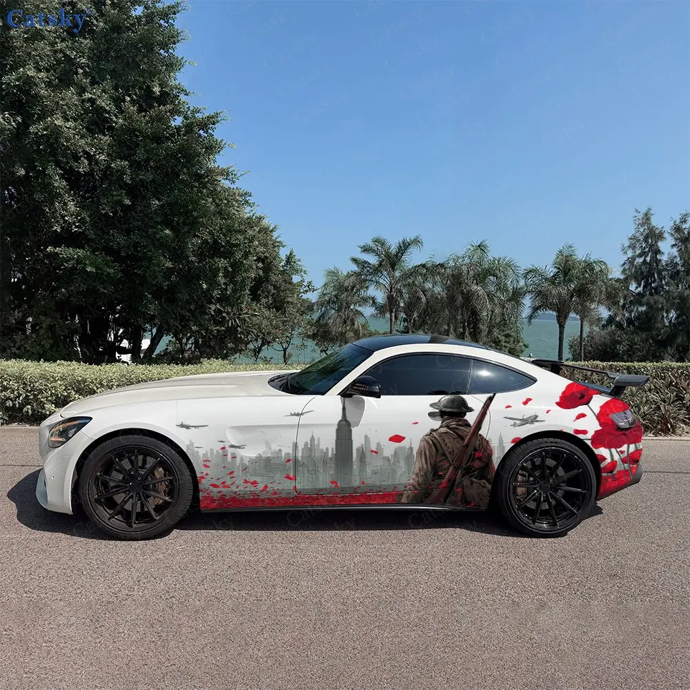 

Наклейки на боковые части автомобиля с красными маками и городскими солдатами, самоклеящиеся, из ПВХ, водонепроницаемые и устойчивые к царапинам, аксессуар для автомобиля, подарок