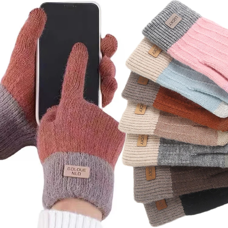 

Winter Warm Gloves for Women Men Warm Stretch Knitted Mittens Imitation Wool Full Finger Guantes Female Crochet Thicken Gloves