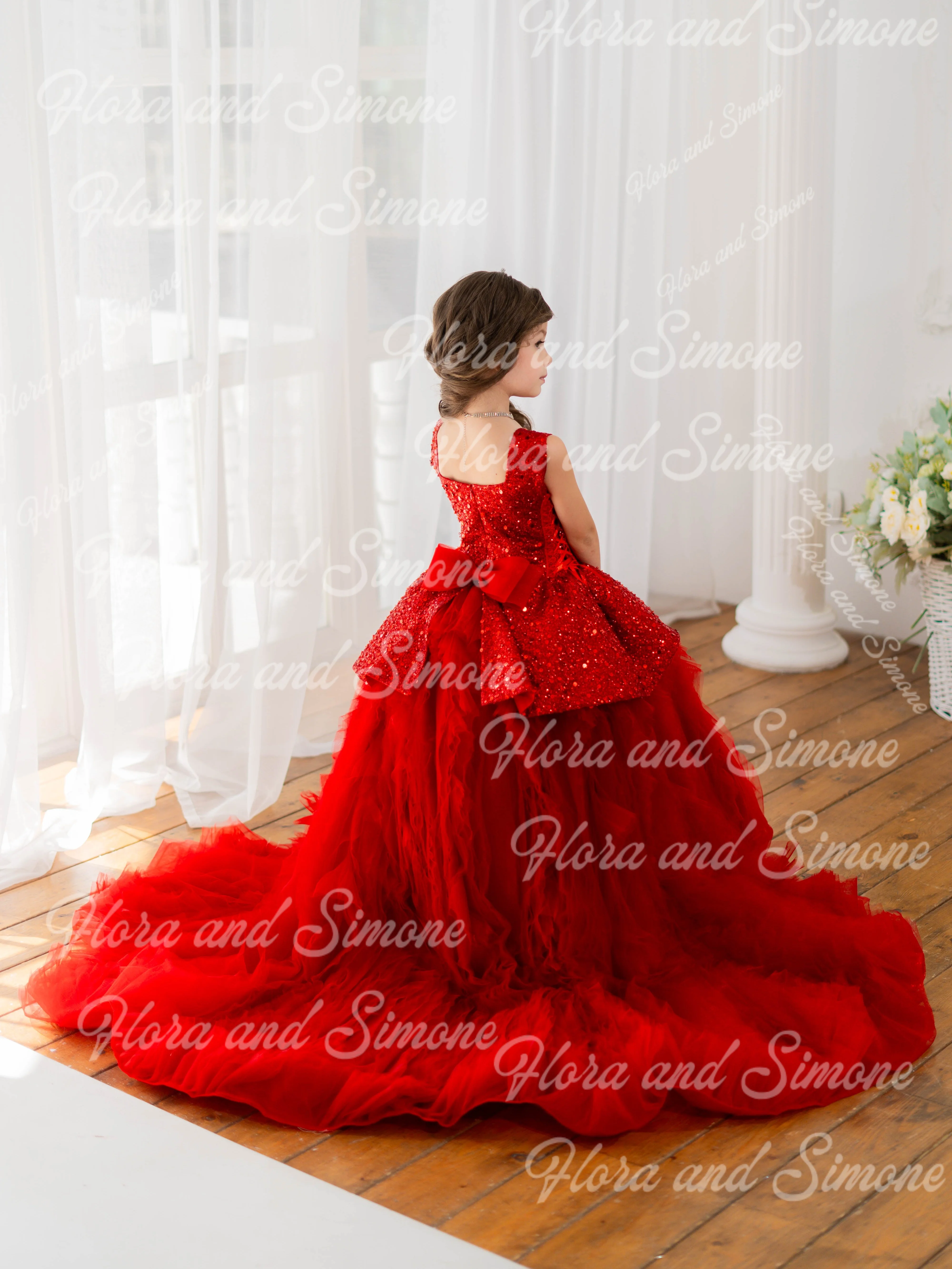 custom Sequin Sleeveless Bow Off shoulder Flower Girl Dress for Birthday Dress Dance Performances Parties Holiday Celebrations