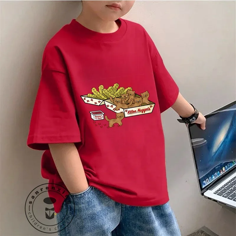 

Милая летняя детская футболка, модная свободная футболка, оригинальные Мультяшные котята, накидки, принт, мягкая дышащая для студентов, повседневная спортивная одежда